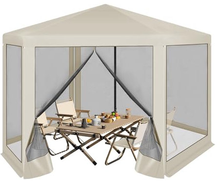 WOLTU Pérgola Jardín, Pabellón de Jardín, Cenador Plegable con Techo, Carpa Camping para Exteriores de Tela Oxford, Paredes de Malla, 3,8x3,3 m, Beige