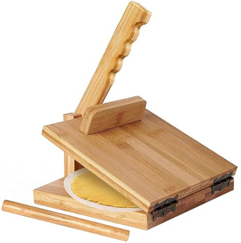 Obelunrp Tortilla Press 10 Inch, Rotatable Bamboo Flour Tortilla Press, Easy to Clean Chapati Maker with Rolling Pin & Parchment Paper for Kitchen, Wood, 10 Inch