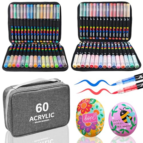 60 Colores Rotuladores Acrilicos, Marcadores Acrilicos Punta Pincel, Marcadores AcríLicos Para Colorear, Acrylic Markers para Pintar, Roca, Cristal, Cerámica, Plastico, Tela Metal, Vidrio, Madera