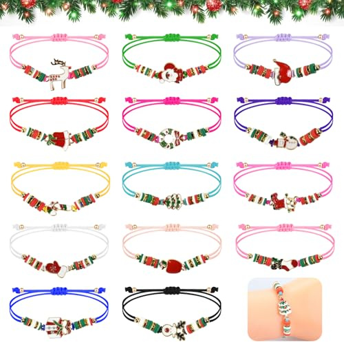 Byfoyif 14 Braccialetti Natalizi, Braccialetto in Corda Intrecciata con Ciondoli Colorati, Braccialetti dell'amicizia di Natale per Feste, Compleanni, Feste in Maschera e Feste per Adolescenti