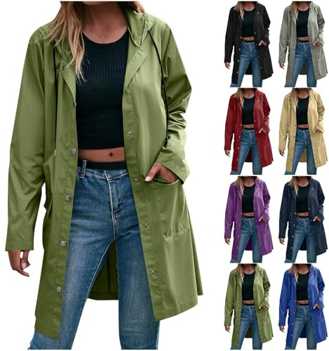 Womens Rain Jacket Womens Raincoat Waterproof Hooded | Ladies Long Mac Style Trench Coat for Commuting & Everyday Army Green
