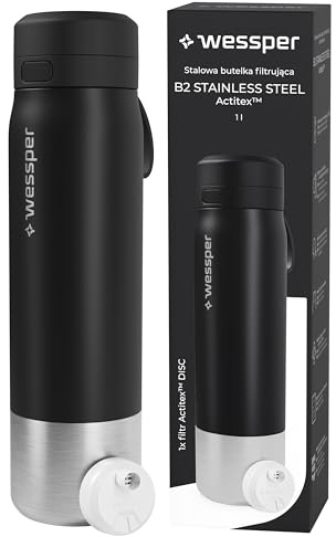 Wessper gourde filtrante eau en inox 1l, avec filtre ActitexDisc Noir | bouteille avec cartouche filtre eau charbon actif, Indicateur de changement de filtre a eau, Réduit le Chlore