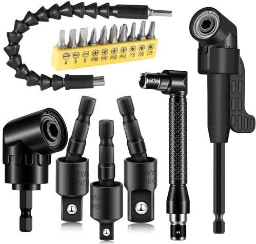 17Pcs Flexible Drill Bit Extension, Include 3Pcs Rotatable Socket Adapter 2Pcs Hex Shank 105° Right Angle Drill Attachment 10 Short Screwdriver Bits 90° Angled Bits and Bendable Extension