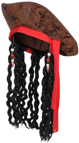 Alaoo Piratenkostüm,Piratenhut mit Haaren,Piratenkapitän Hut mit Rastalocken mit Band für Rodeo Reiter,Accessoire Piratenkostüm für Karneval,Piraten-Mottoparty,Cosplay,Halloween