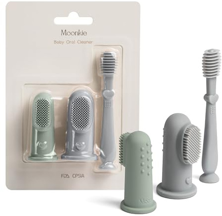 Moonkie Baby finger tandborste tunga oral rengöringssats för 3 månader +, 3 st (blå/mint/blå)