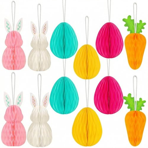 Ahaimy 12 Piezas Figuras de panal de huevos de Pascua para colgar, Conejo de panal de papel de seda, Conejo de Pascua de papel plegable, decoración para interior y exterior