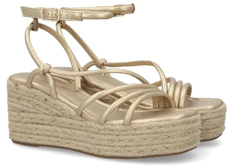 shoes&blues.es 102133 Sandalia de Mujer con Cuna y Diseno de Tiras Finas, Nudos Decorativos y Plataforma de Yute, Suela Ligera, Acolchada y Comoda. Cierre de Hebilla, Ideal Verano. Oro Talla 38
