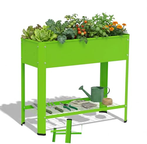 HENGMEI Aiuola rialzata per giardino, in metallo, con ripiano, robusta fioriera per verdure ed erbe, salvaspazio, ideale come spirale per erbe aromatiche e fioriera da balcone, 80 x 35 x 80 cm