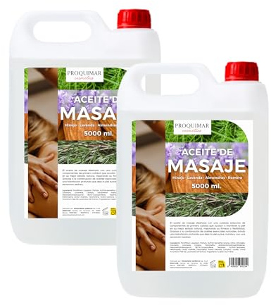 Pack de 2 Aceite de Masaje con Romero, Almendra, Lavanda e Hinojo – Relajante, Revitalizante y Aromático – Textura Suave, Hidratante y Profesional – (5 + 5 Litros)