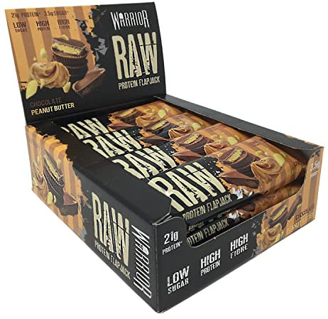 Warrior Raw Protein Bars – 12 x 75g Oat Bar Flapjacks – High Fibre, Low Sugar – Ideal Meal Replacement or Healthy Nutrition Energy Snacks - HFSS / GMP Certified – UK Made (Chocolate Peanut Butter)