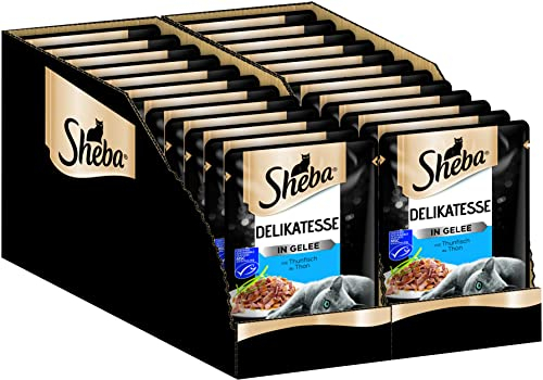 Sheba Delikatesse in Gelee – Hochwertiges Katzenfutter in 24 Portionsbeuteln mit Thunfisch für ausgewachsene Katzen – Alleinfuttermittel – 2er Pack (2 x 12 Portionsbeutel à 85g)