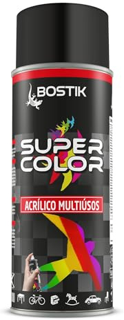 Bostik SUPER COLOR NEGRO SATINADO RAL 9005, Pintura en Spray Acrílica para Uso Profesional y Doméstico, Multiusos, Secado Rápido, Acabado Brillante, Interior y Exterior, Bote 400 ml