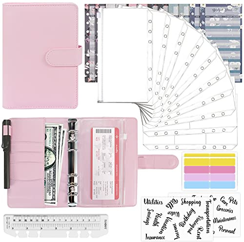 Mlife Ring Binder Set - 28pcs Leather Notebook Budget Binder with Clear Cash Envelopes,Budget Sheets and Label Stickers,Cash Organizer Money Saving Binder for Travel and Diary Pink
