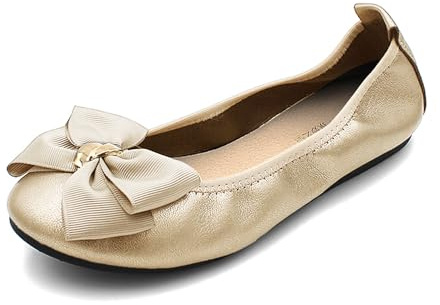 WOFANLULY Womens Flat Pumps Ladies Dolly Dollie Ballet Ballerina Work Smart Office Formal Comfort Bow Round Toe Slip On Flats Shoes (Gold, Size 6)