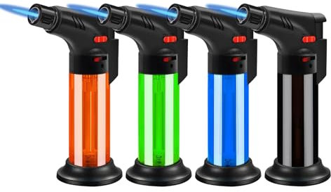 Navpeak Lot de 4 briquets flamme butane - Coupe-vent, rechargeable, flamme réglable - Rotation à 360° - Verrouillage de sécurité - Multifonction - Pour la cuisine, le camping, le barbecue (butane non
