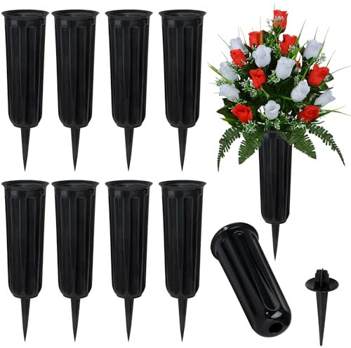 Cemetery Vase with Stake, Plastic Memorial Flower Vases Headstone Flowers Holder for Cemetery Grave Decorations (10Pcs, Black)