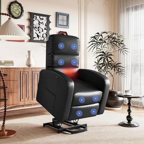FLEXISPOT Recliner Armchair Lift Chair with Massage & Heat, Extended Footrest, USB Ports, Dual Side Pockets Reclining Chairs Lounge Sofa, Black