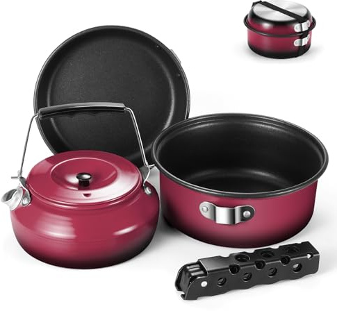 Odoland 5pcs Camping Cookware Mess Kit, Non-Stick Lightweight Pot Pan Kettle Set with a removable handle - Perfect for Backpacking, Camping, Hiking, and Picnic Red