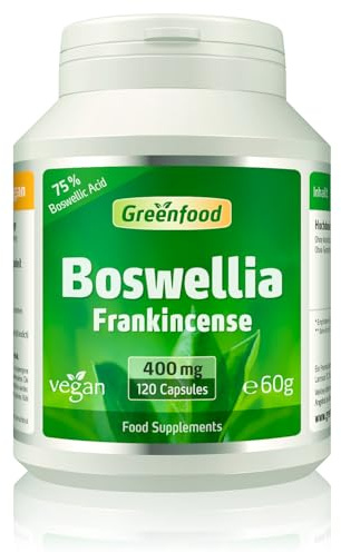 Greenfood Boswellia Serrata, 400 mg, high-dose, 120 Capsules - with 75% boswellic acids. Without Artificial additives. Without Genetic Manipulation. Vegan