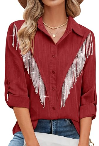 MYMORE - Camicia da donna con bottoni e frange di strass, maniche a 3/4, scintillante top da concerto, XL