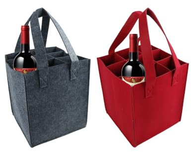 Kellegour Sac à Vin en Feutre,2 pcs Sac à Bouteilles avec 9 Compartiments,Sac de Bouteille en Feutre Réutilisable Lavable avec Diviseur Amovible pour Vin et Champagne(Rouge,Gris)