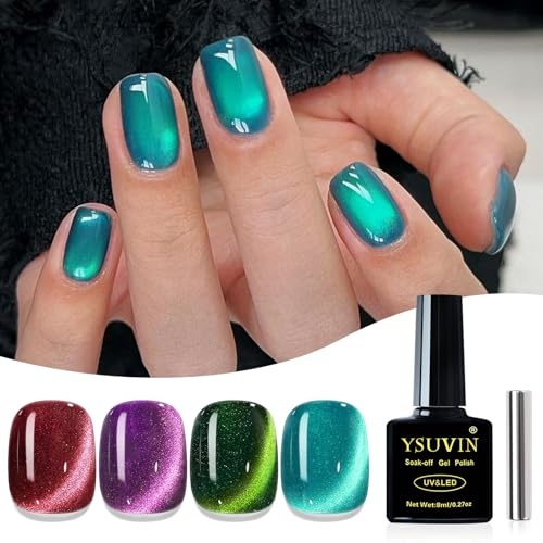 Yueshop Cat Eye Gel Nail Polish, 4 Colors Classic Red Purple Green Cyan | Glitter Magnetic Gel Nail Polish Soak off UV LED, Long-Lasting, Manicure Studios Home Use with Magnet, Beginner-friendly, 8ml