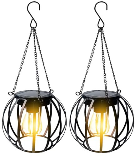 2 lampade solari da giardino per esterni, lanterne solari con lampadina a LED bianco caldo, lanterna solare per esterni, IP65, in metallo, con gancio e catena, per esterni, balcone, decorazione da