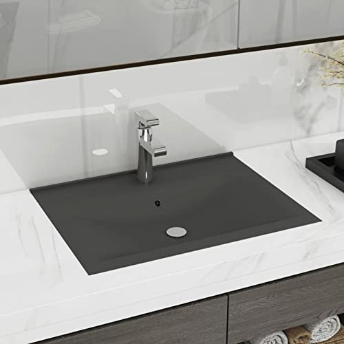 Xichuzi Luxus-Waschbecken mit Hahnloch, Aufsatzwaschbecken, Bathroom Sink, Waschtisch, Ablaufgarnitur, Aufsatzbecken, Matt-Dunkelgrau 60x46 cm Keramik