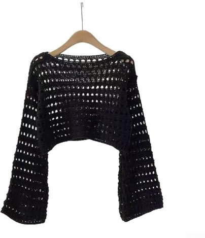 Lightweight Crochet Knitted Sweater Top, Women Long Sleeve Beach Bikini Cover Up, Summer Style (Black)