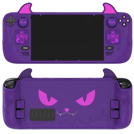 PlayVital Funda de Silicona para Steam Deck LCD & OLED - Protector Antideslizante con Tapas de Joystick & Pegatinas para Trackpad & Mejora de Botones Traseros Set, Diseño Cute Demon (Violeta)