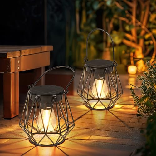 Ketom Solarlampen für Außen Hängend/Stehend, 2 Stück Retro LED Solar Laternen, IP65 Wasserdicht Metall Solarlaternen, für Garten, Draußen, Patio, Weg, Camping, Rasen, Schwarz, Sechseck