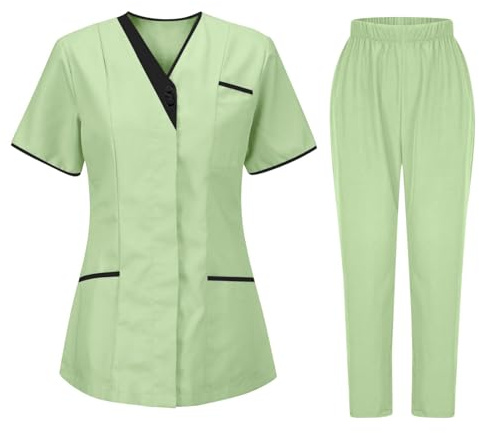 Soldes 2025 Tunique Médicale Femme Col en V Manche Courte Ensemble Haut Et Pantalons + Blouse Medicale Uniforme De Travail Blouse Tenue Infirmiere Professionnelle Vêtements de Travail et Uniformes