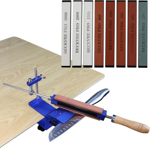Affilacoltelli Professionale con 8 Pietre per Affilare, Angolo Fisso Sistema di Affilatura, Rotazione 360° per Coltelli da Cucina, Guida Angolare con Base Antiscivolo