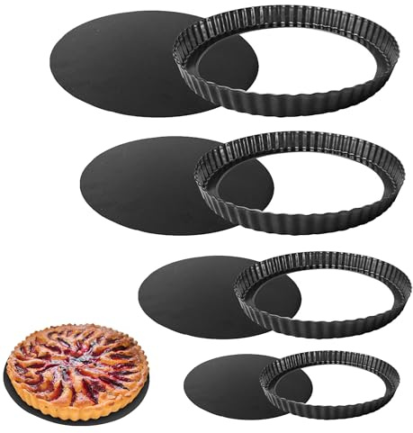WeeGoo 4 Pack Quiche Dishes with Loose Base 20/22/24/26 cm, Non Stick Flan Tins with Removable Bottom Carbon Steel, Round Fluted Tart Tin for Baking Oven Pie Pan