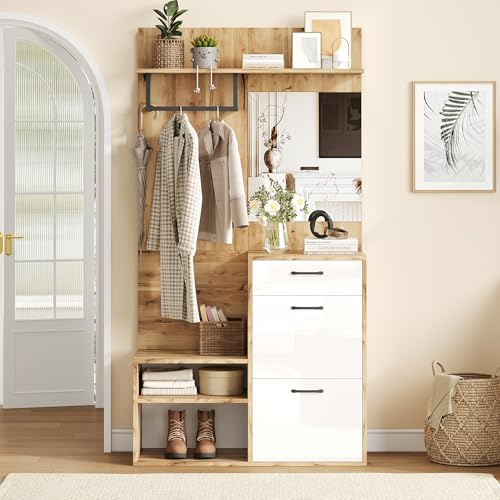 Oslghy Garderobenset Wandgarderobe, Garderoben Set mit Spiegel, Schuhbank und Schuhschrank, Garderobenständer mit Hängeschrankregal, Flurgarderobe Set mit Schublade, Natural, 100x38.5x190 cm