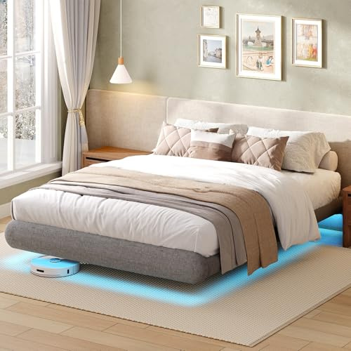 STHYTON Lit Flottant Capitonné 140 x 190 cm, Cadre de lit rembourré, Structure Métallique avec Éclairage LED, sans Besoin de Sommier, Montage Facile, Silencieux, Gris Foncé et No