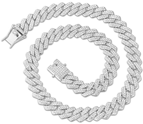 Esmoly Hip Hop Collana Uomo Argento/14K Oro Iced Out Catena Cubana Regalo Uomo Ragazzo 14mm (Argento, 18 Inch)