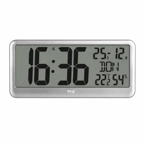 TFA Dostmann Orologio da parete digitale con numeri XXL, 60.4525, orologio con temperatura e umidità interna, con calendario, perfetto per ufficio, anziani, cucina, orologio radio, sveglia
