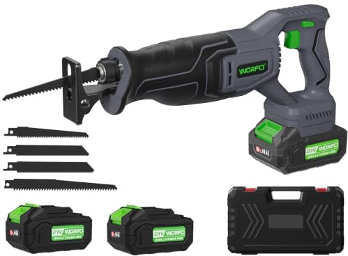 WORFCI Sierra Sable con 2 Batería, Motor Brushless, Velocidad Variable 0-3500 CPM, 4 Hojas, Cambio de Hoja sin Herramientas para Cortar Madera/PVC/Metal (WRS21)