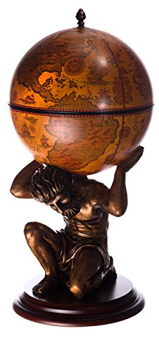 Riesiger Barwagen JG 42016R-GR, Exclusive Figur Atlas, mit Eukalyptusholz Boden antik Rotbraun, geöffnet 100 cm hoch Weltkugel Globusbar, Bartisch, Hausbar, Cocktailbar