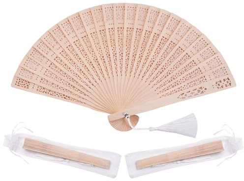 Sepwedd Lot de 50 éventails en bois de santal avec sacs en organza et pompons