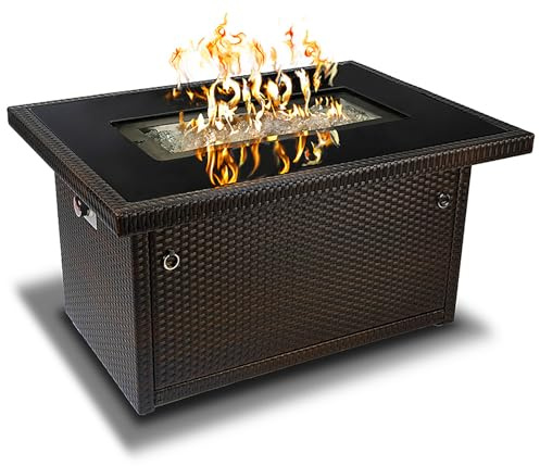 Outland Living Series 403 Fire Table – 44 50,000 BTU Outdoor Propane Gas Fire Pit Table with Tempered Glass Top & Arctic Ice Decorative Glass Rocks, Espresso Brown