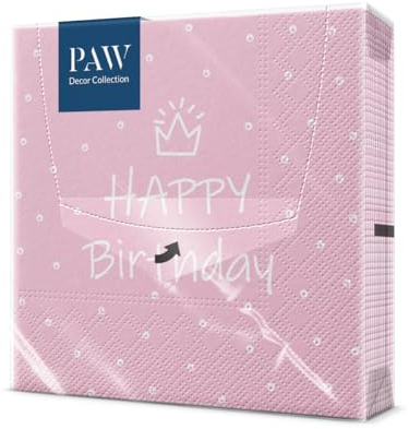 PAW - Servilletas Papel 3 Capas (33 x 33 cm) I 20 Unidades I Perfecto para Fiestas, Cumpleaños y Celebraciones I Servilletas de Papel con Diseño de Cumpleaños I Día Especial Rosa Claro