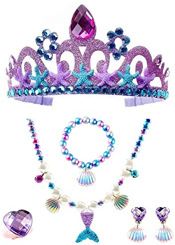 Qanye 6 Pezzi Collana Bambina, Gioielli per Pambini Collana Set, Accessorio per Costume da Principessa, Accessori per Vestire la Sirena Set, Compreso Corona, Orecchini, Collane, Bracciali, Anelli
