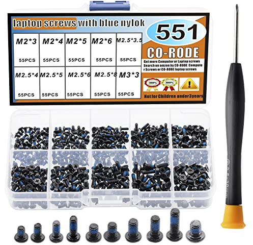 CO-RODE - Kit de vis pour ordinateur portable - 551 pièces - Avec colle bleue - Tournevis pour carte mère SSD, ventilateur, disque dur graphique