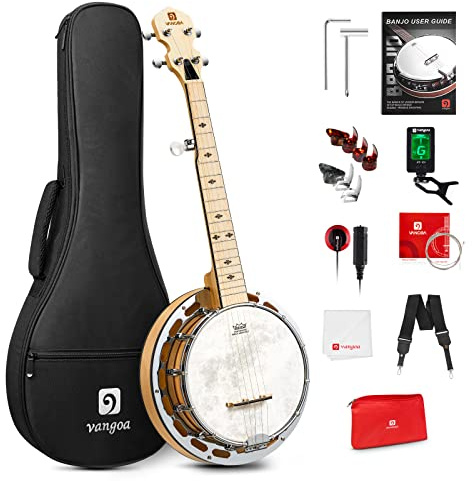 Vangoa Mini 5 String Banjo 28 Inch - Travel Maple Small Beginner Kit With Tone Ring, Fiberskyn Remo Head for Kids Teens Adults