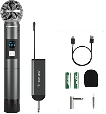 Phenyx Pro Single Digital Wireless Microphone System, w/1 Metal Handheld Dynamic Microphone, Mini Receiver, 15 UHF Frequencies, Cordless Mic for Karaoke, DJ, Singing, Church, Wedding(PDP-1-1H)