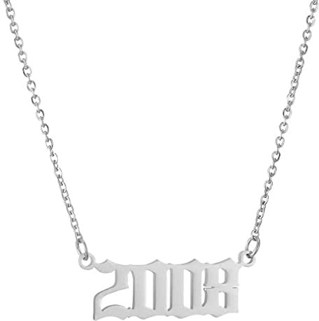 HIJONES Damen Edelstahl Geburtsjahr Halskette Mädchen Jahre Nummer Anhänger Charm Choker Kette Geschenke Silber 2008