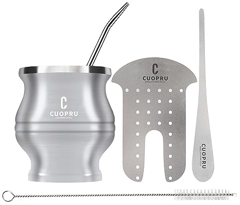 Cuopru Yerba Mate Cup - Mate Gourd Set Includes Double Walled Stainless Steel Tea Cup, Tea Shaper set, Bombilla Straws, Cleaning Brush (Silver)