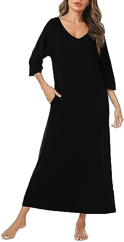 Uniexcosm Long Nightdress for Women Nightgowns 3/4 Sleeve Cotton Nighties Baggy Ladies Nightshirts with Pockets Plus Size Sleep Dress Nightwear Loungewear Sleepwear S-XXL Black